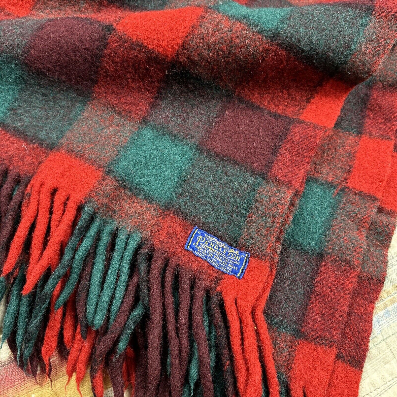 Vintage 50s Pendleton Wool Plaid Fringed Throw Blanket Red/Green 42x56”