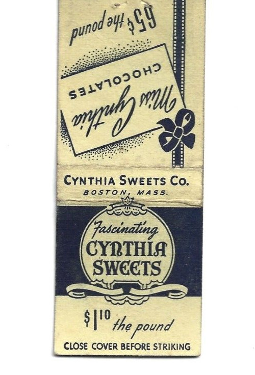 Fascinating Cynthia Sweets Boston, Mass. Matchbook Cover