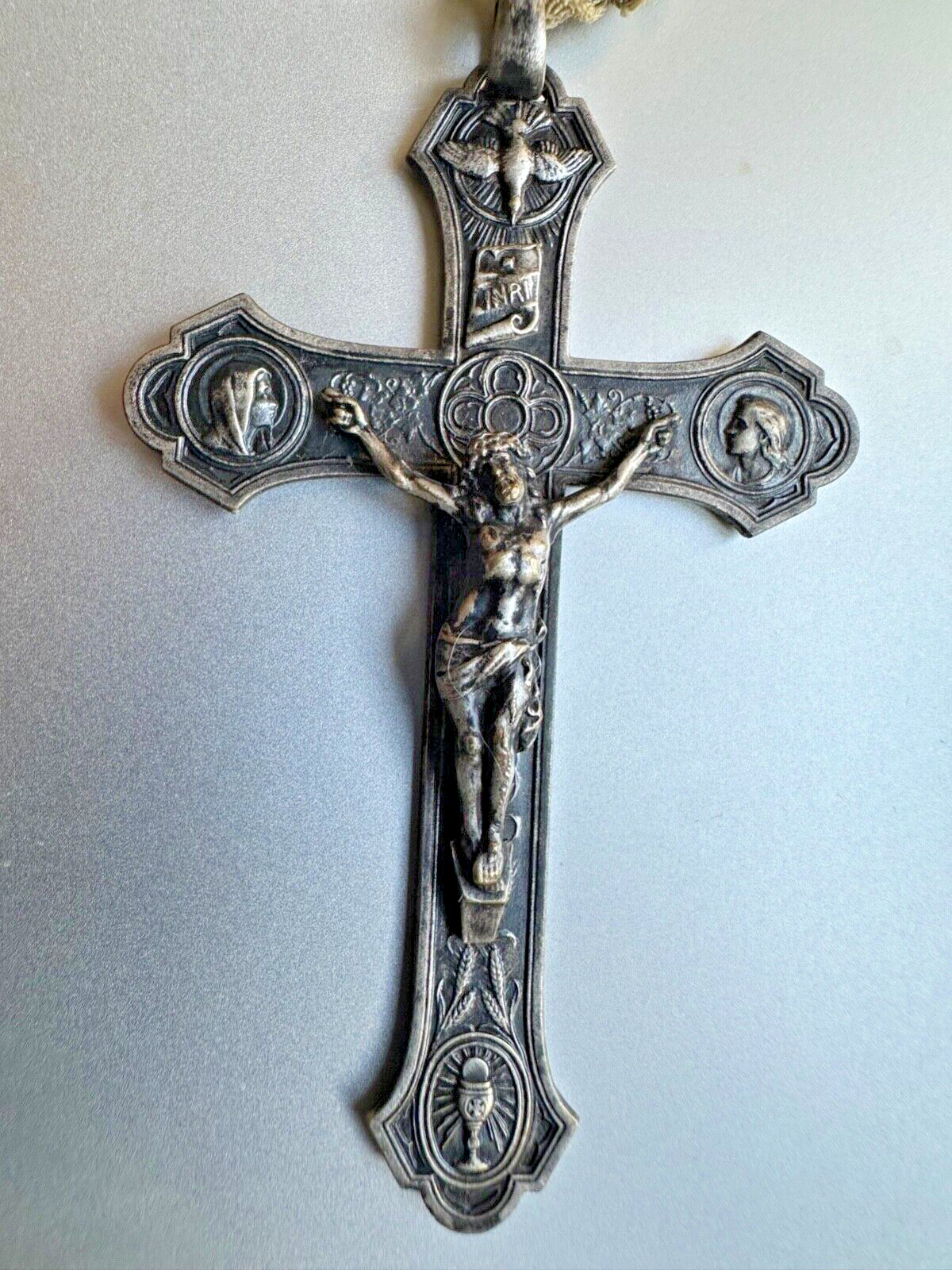 Superb Antique  Religious Silver Cross engraved with multiple ornaments 3 1/4