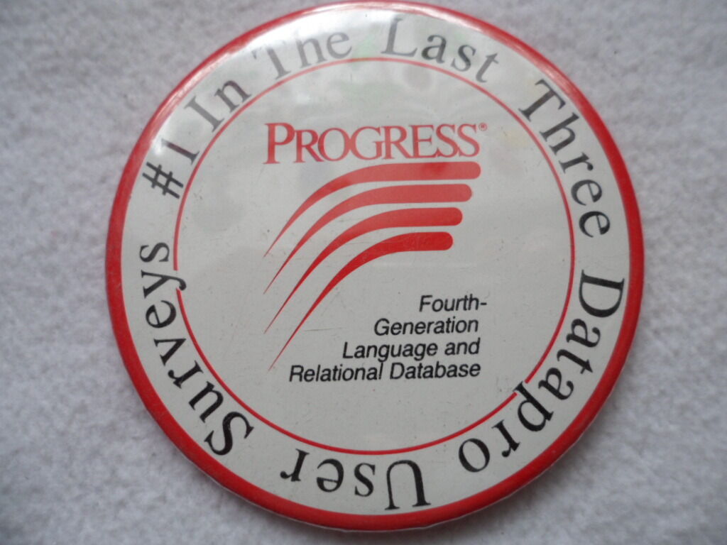 Tech Advertising Pinback Button Progress Computer Language DataBase Vintage