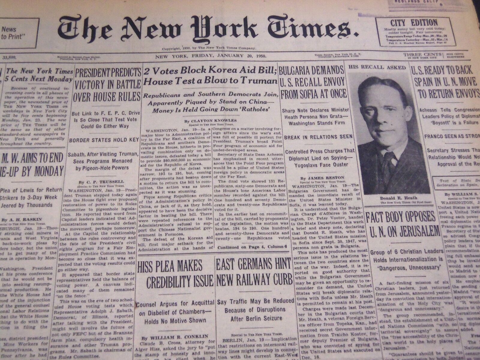 1950 JANUARY 20 NEW YORK TIMES - HISS PLEA MAKES CREDIBILITY ISSUE - NT 4580
