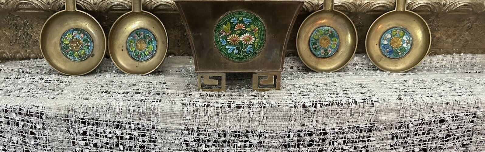 Antique Asian Brass Container W/ Inlaid Floral Cloisonné & Four Small Containers