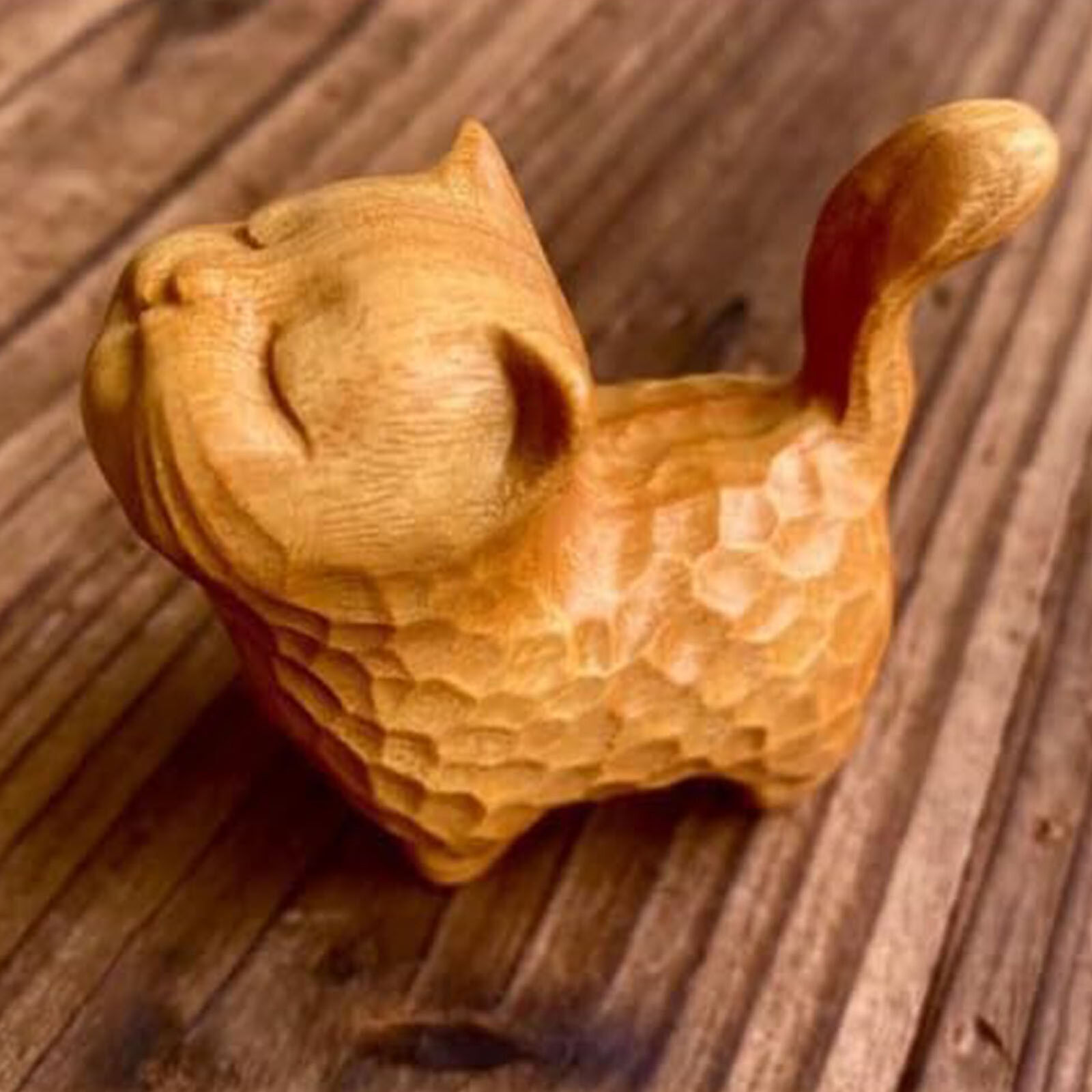 A Tsundere Cat -- Wooden Statue animal Carving Wood Figure Decor Gift Ornaments