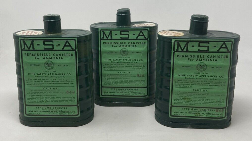 3 Vintage MSA Permissable Canister for Ammonia Mine Safety Appliance Co Type GMD