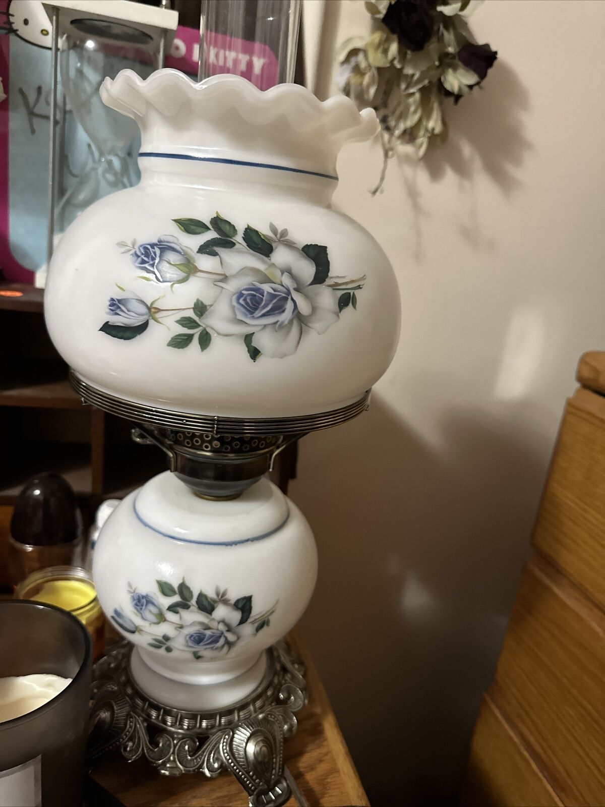 Vintage Hurricane Lamp Blue And White
