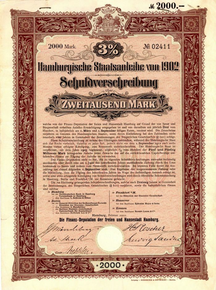 Hamburgische Staatsanleihe - 2,000 or 500 Marks Bond (Uncanceled) - Foreign Bond