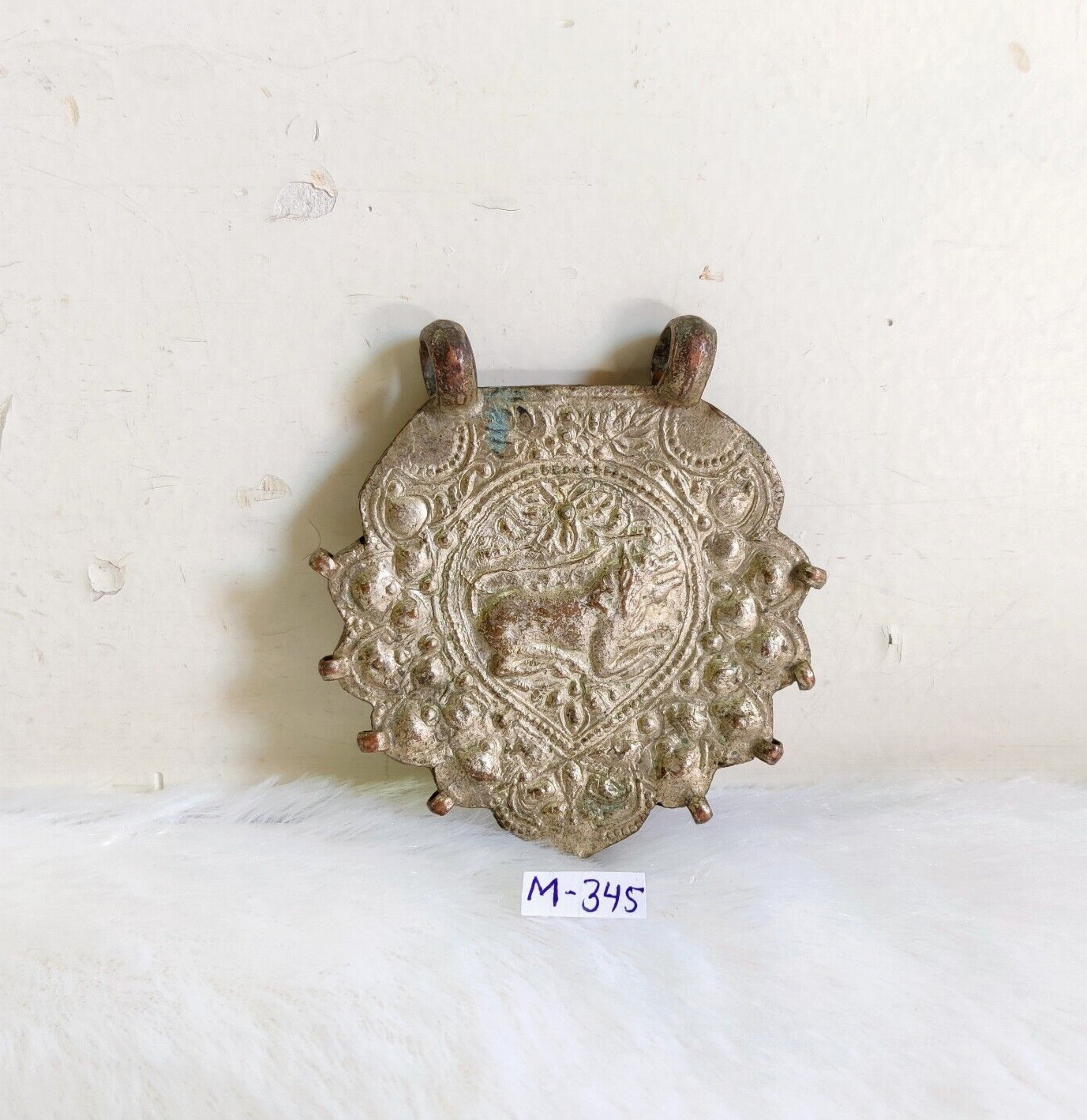19c Vintage Hand Embossed Lion Figure Brass Copper Amulet Pendant Rare M345