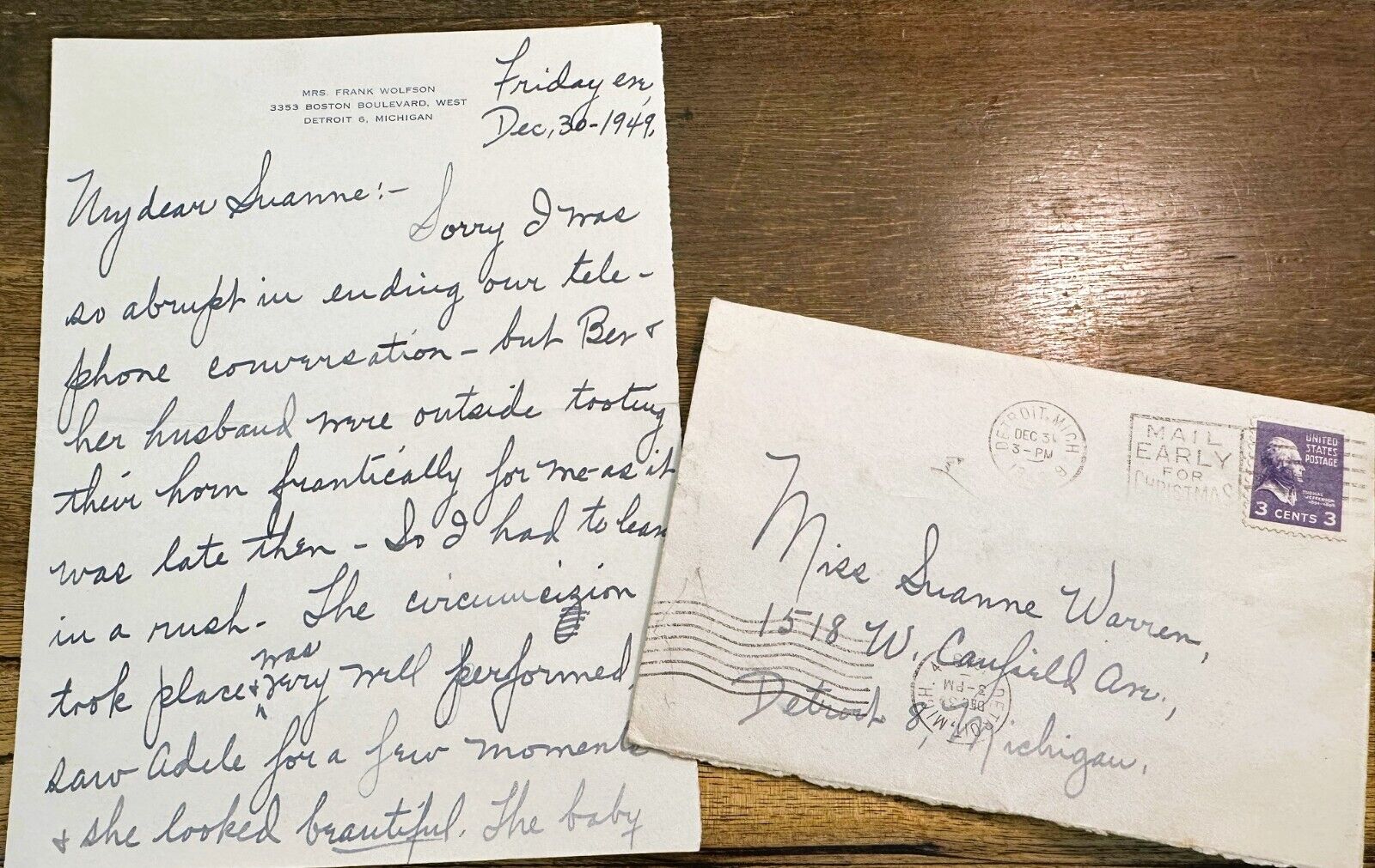 1949 Handwritten Letter by Angry Detroit Ex-Wife Re: Circumcision w/ Envelope