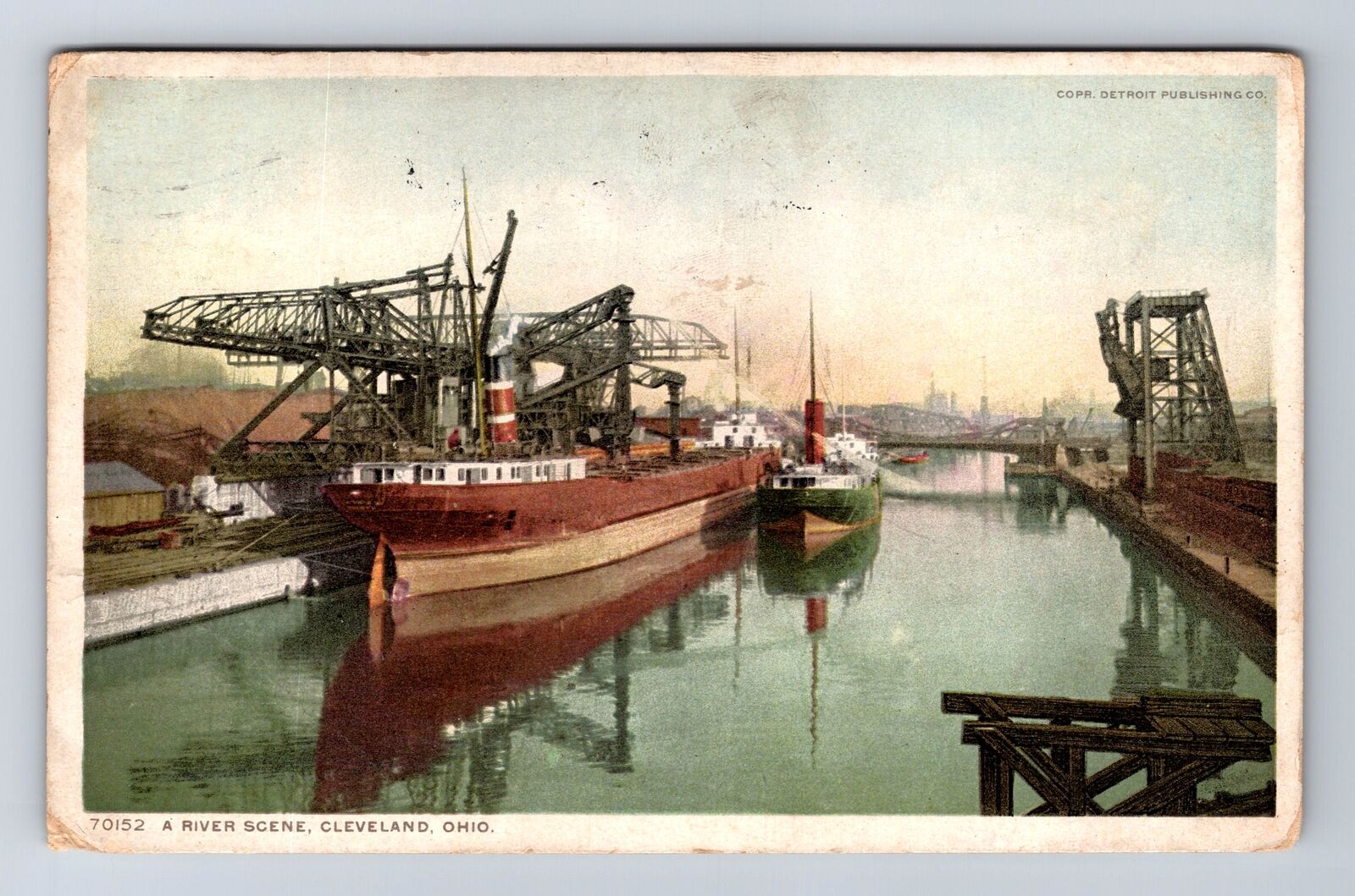 Cleveland OH-Ohio, River Scene, Barge at Dock, Antique Vintage Souvenir Postcard