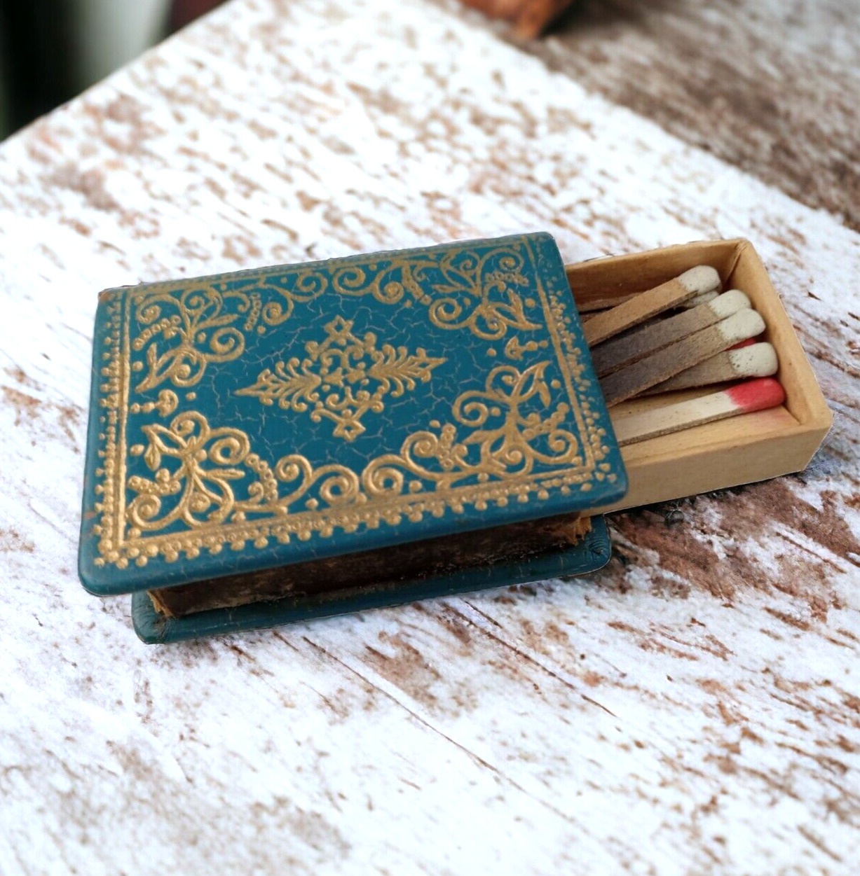 RARE Leather Bound Victorian Book Matchsafe Antique Vintage Leather Match Safe