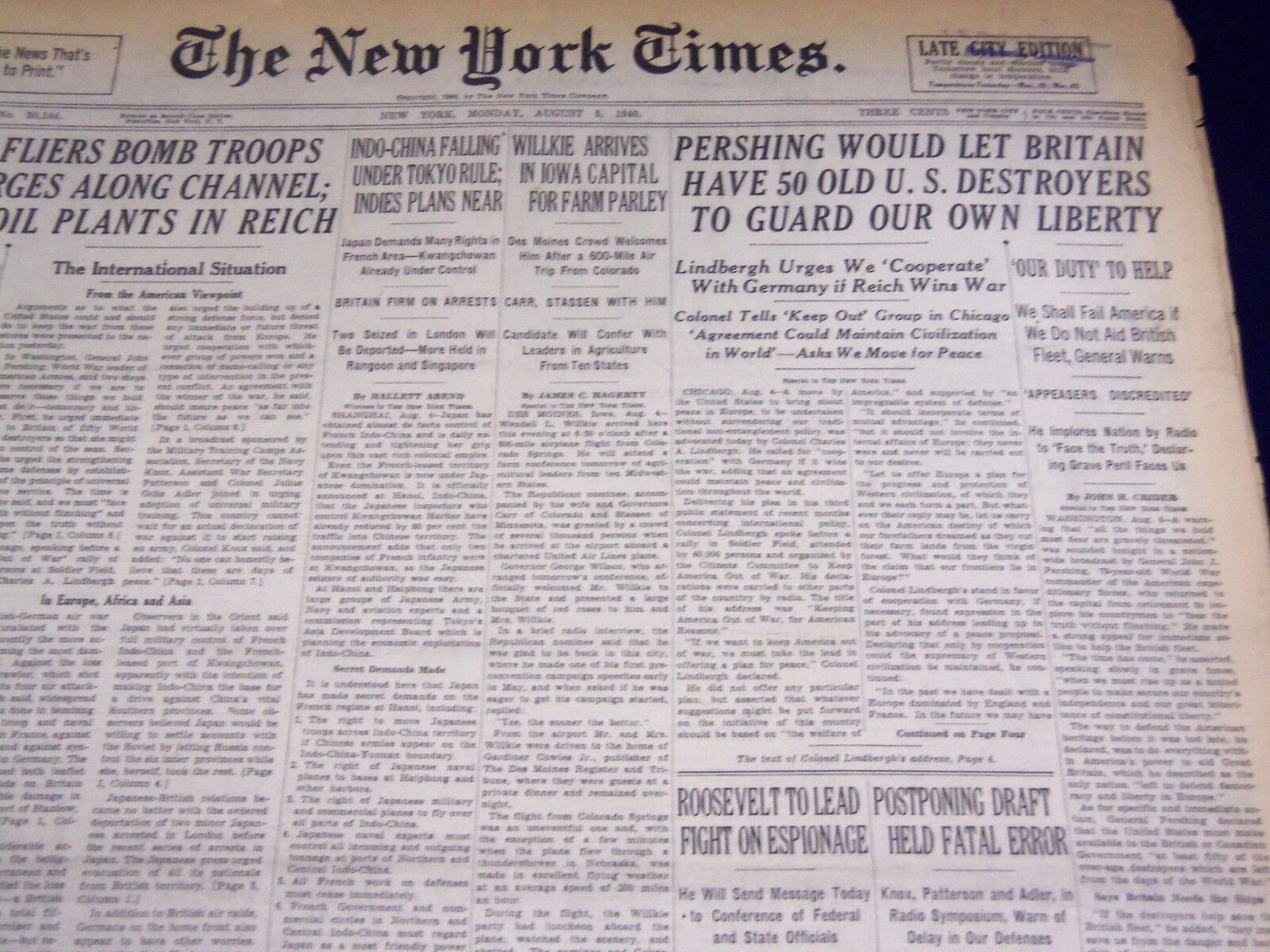 1940 AUG 5 NEW YORK TIMES - PERSHING WOULD LET BRITAIN HAVE DESTROYERS - NT 2511