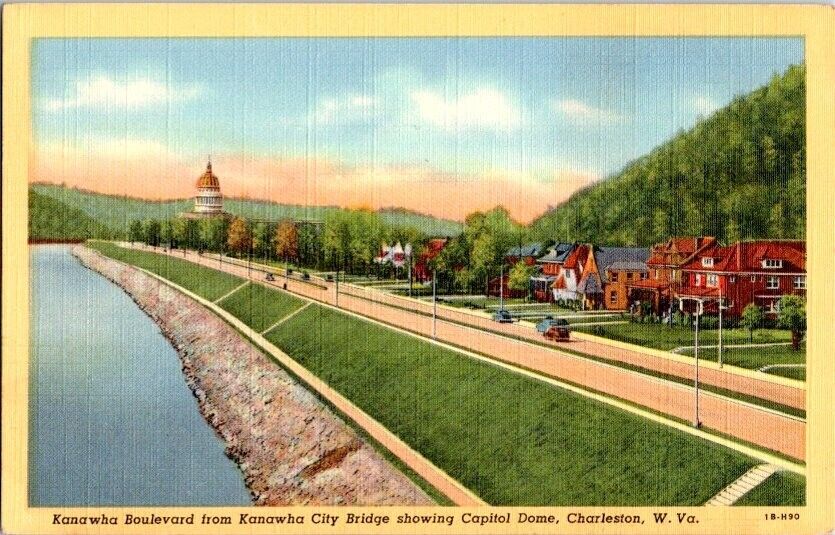 Vintage Postcard Kanawha Boulevard from Kanawha City Bridge,Charleston, WV