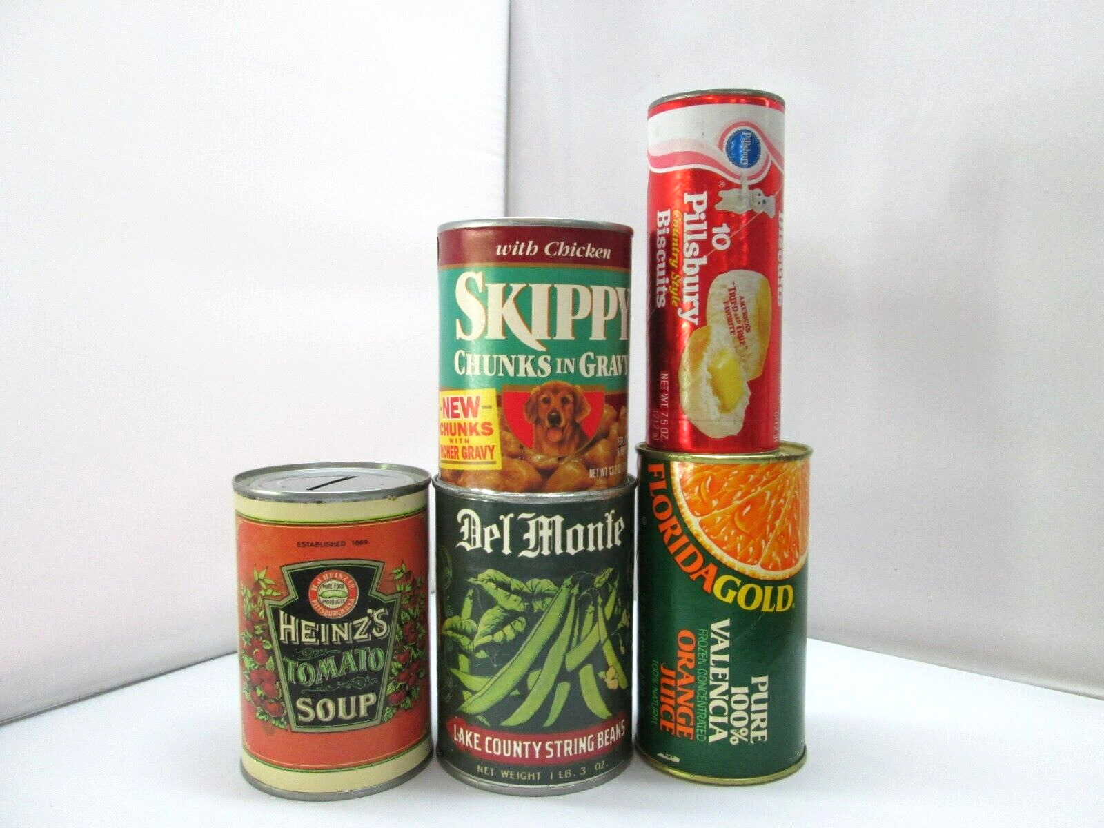 Vintage 1980’s Tin Can Coin Banks Heinz, Del Monte, Skippy, OJ and Pillsbury