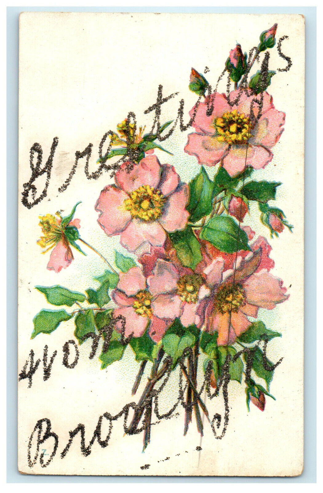 c1910s Greetings from Brooklyn New York NY Posted Glittered Floral Postcard