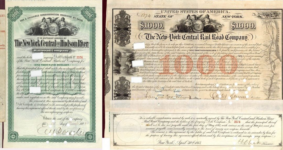 Pair of New York Central Railroad Co $1,000 Bond signed by Erastus Corning - Aut