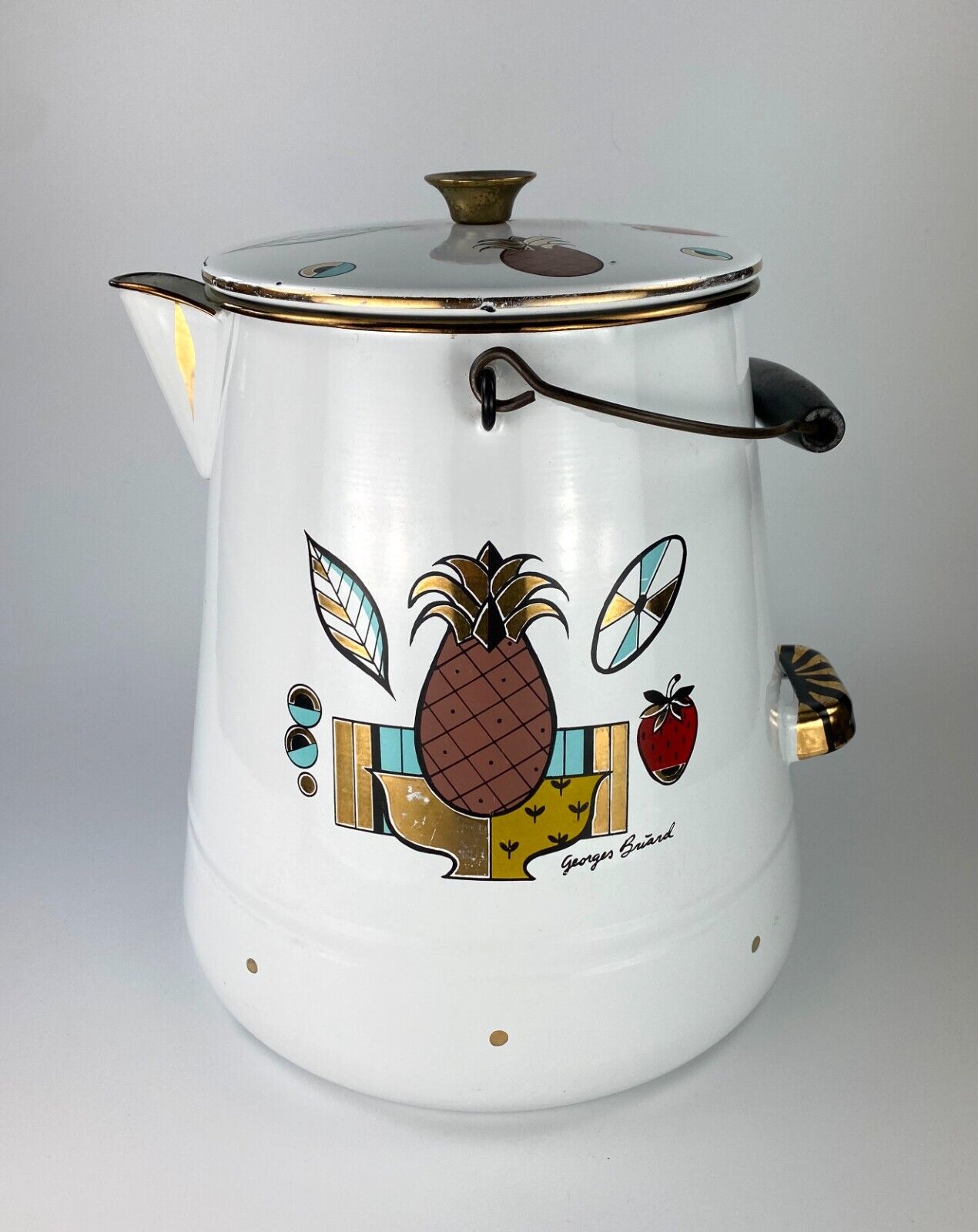 Vintage Georges Briard Large Enamelware Pitcher / Kettle — Pineapple Ambrosia