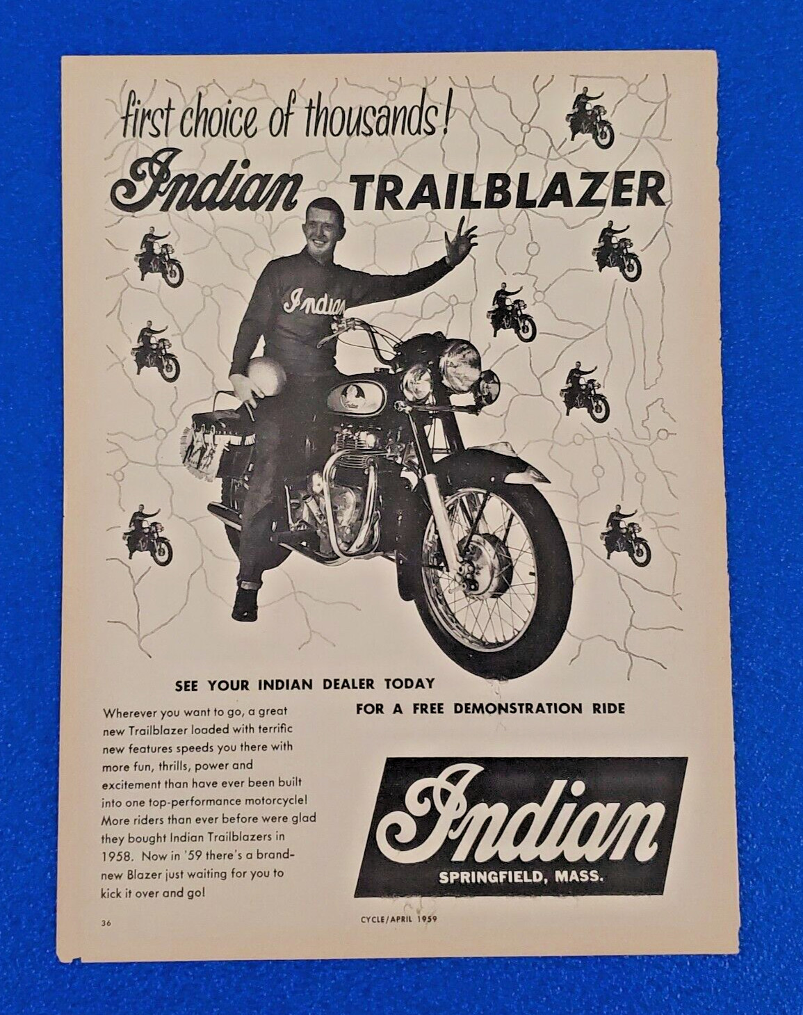 1959 INDIAN TRAILBLAZER MOTORCYCLE ORIGINAL PRINT AD  (LOT B/W)