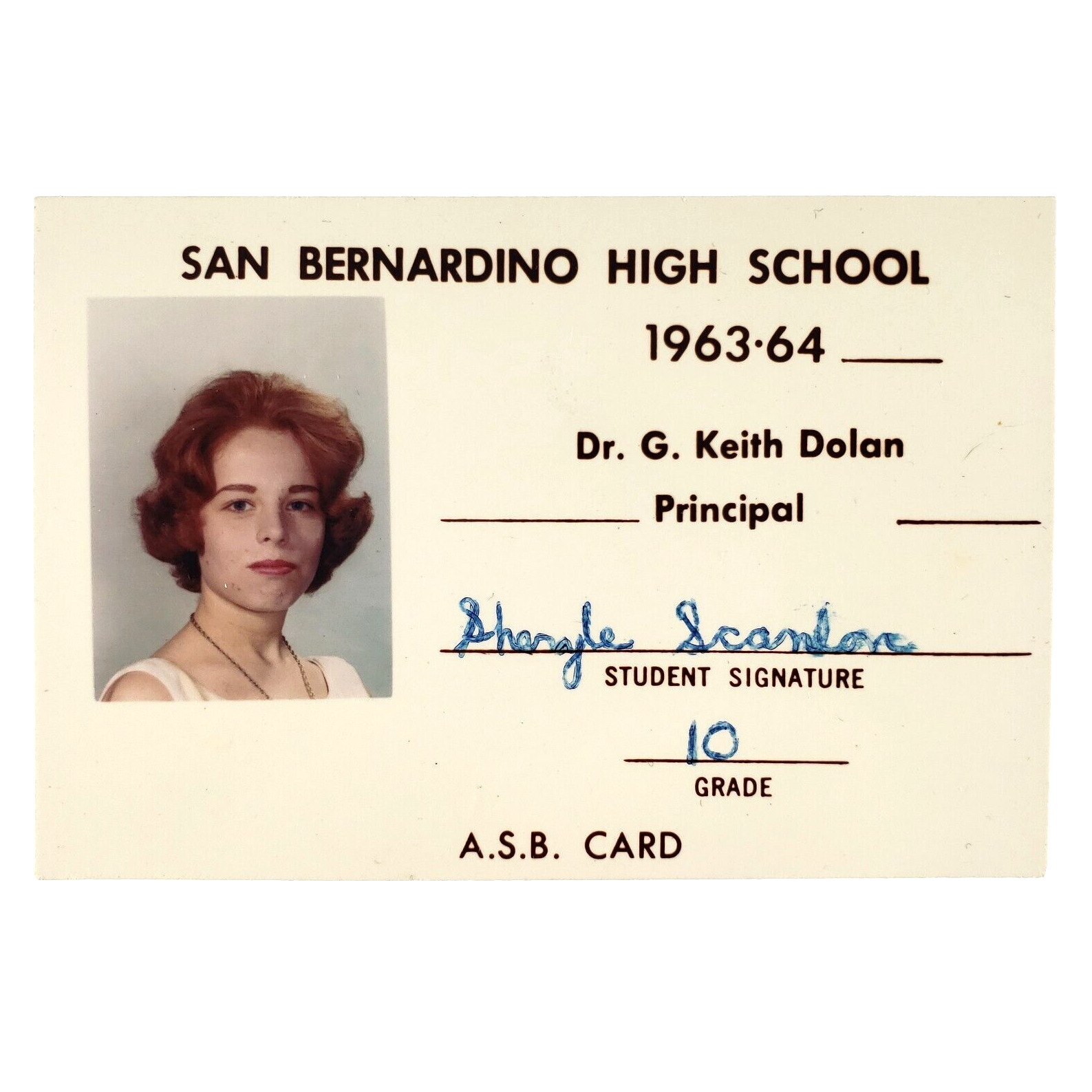 San Bernardino High School ID Card 1960s California 10th Grade Student B3497