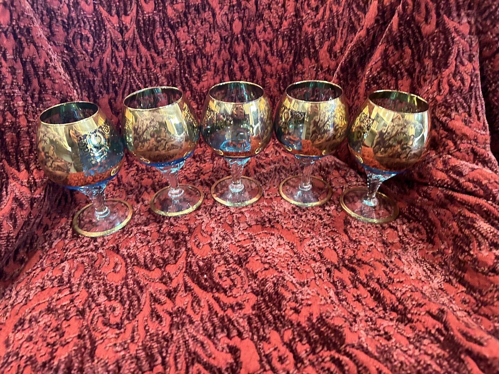 Vintage Handblown Brandy Romeo Juliet Blue Art Glass 24K Gold Set Snifters 5