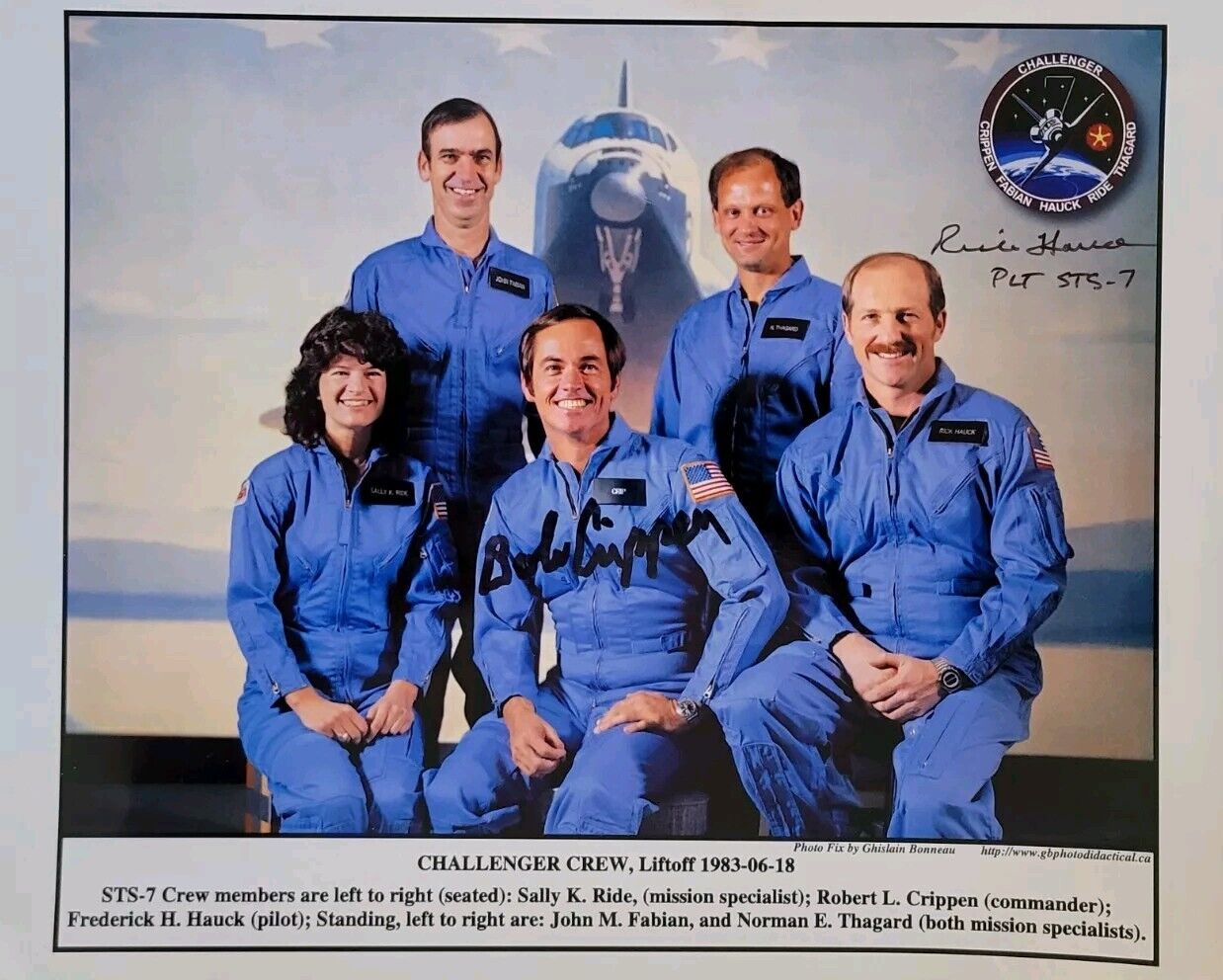 STS-7 SPACE SHUTTLE glossy CREW PHOTO hand SIGNED by astronauts CRIPPEN & HAUCK 