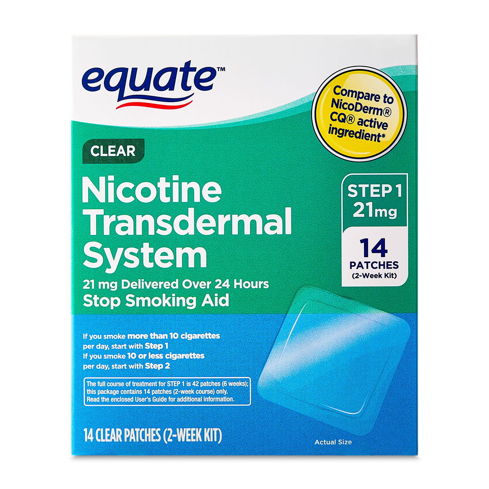 Equate Nicotine Transdermal System Step 1 Clear Patches, 21 mg, 14 Count new