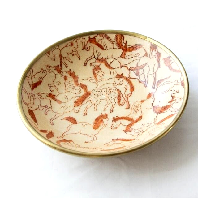 Rare Vgt Japanese Porcelain Bowl Hand Painted Horses Equestrian Trinket Dish 6\