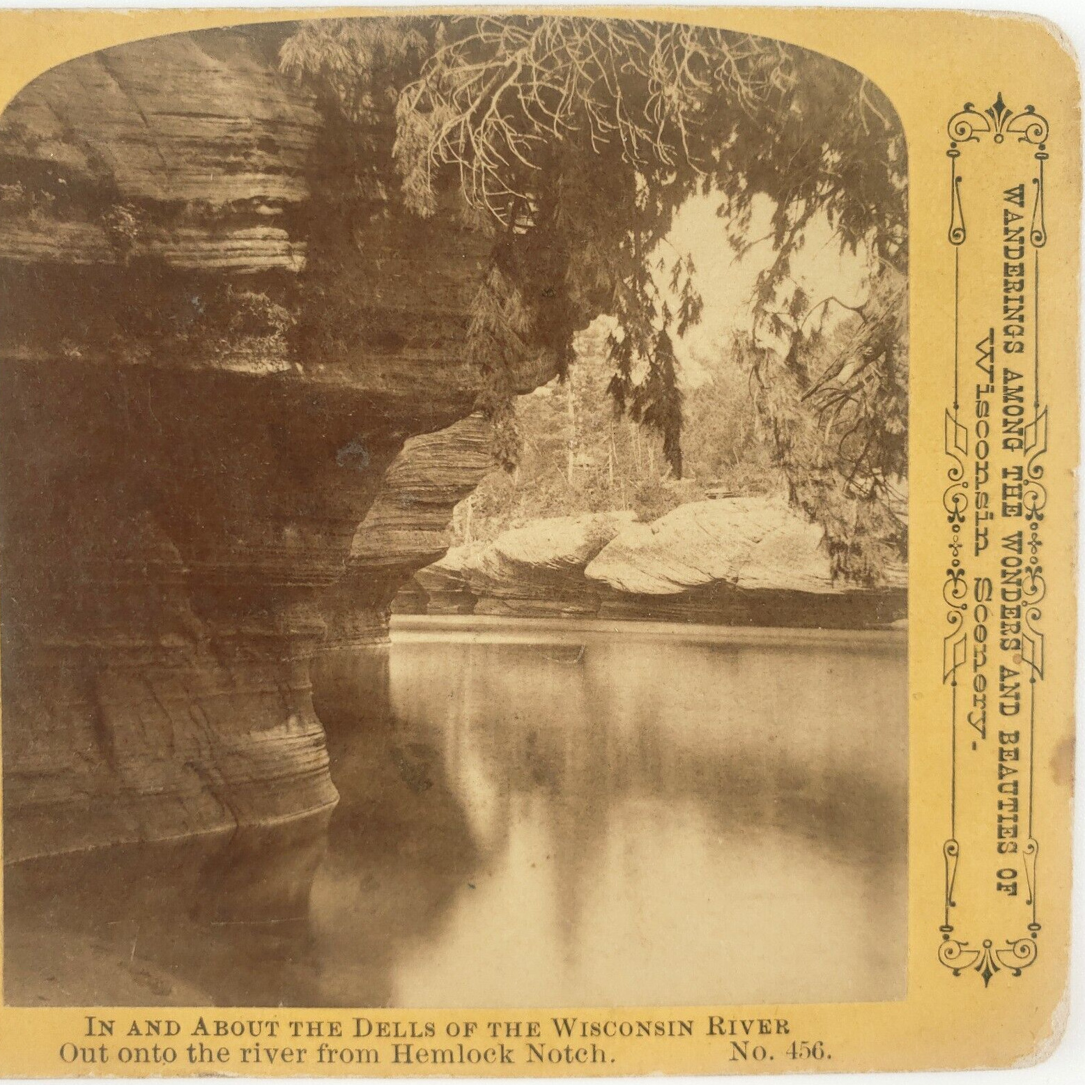 Wisconsin Dells Hemlock Notch Stereoview c1870 HH Bennett River Photo Card E622