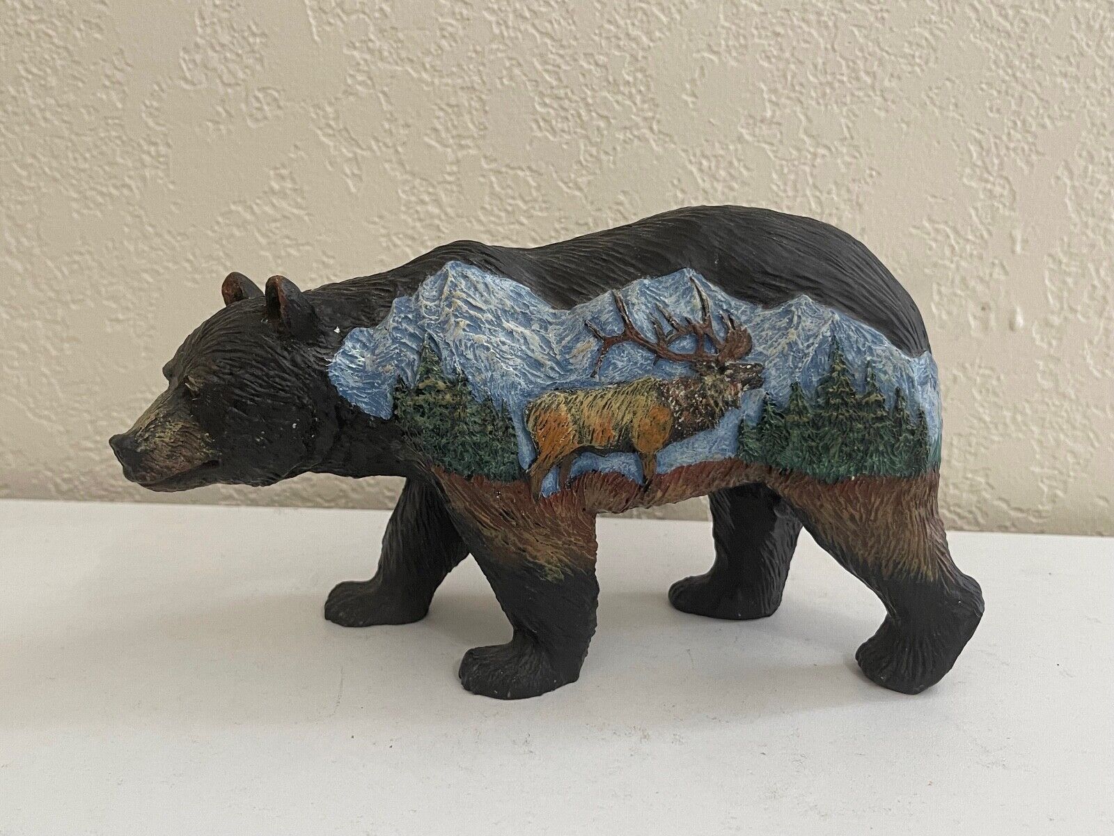 Resin Bear Figurine / Statue with Stag / Elk in Mountain Landscape Trees Dec.