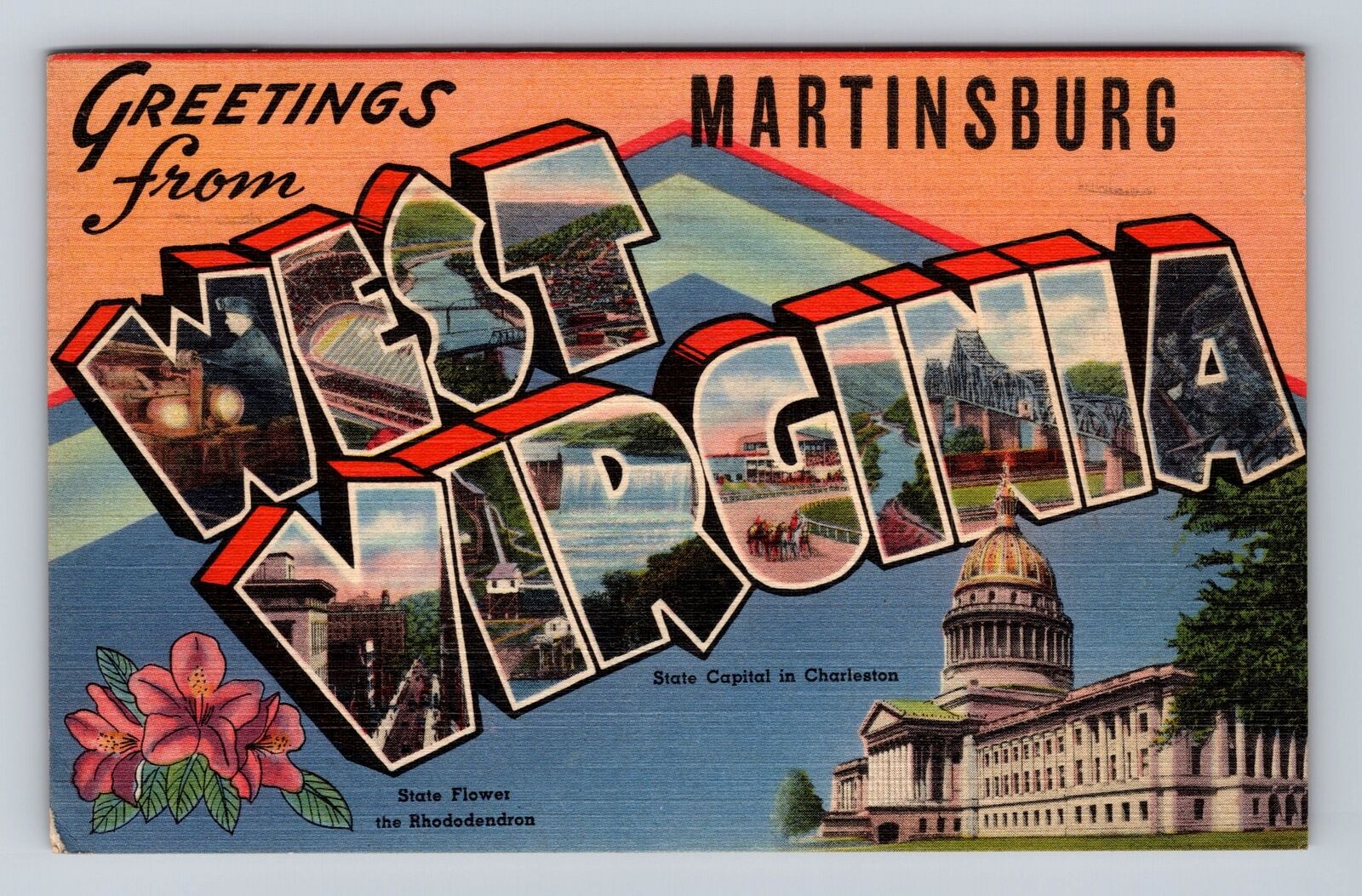 Martinsburg WV- West Virginia, LARGE LETTER Greetings, Vintage c1944 Postcard