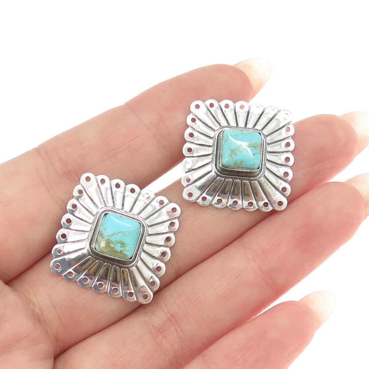 QUOC TURQUOISE Old Pawn Sterling Silver Real Turquoise Concho Tribal Earrings