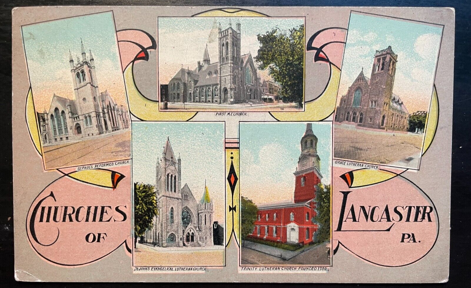 Vintage Postcard 1916 Churchs of Lancaster, PA.