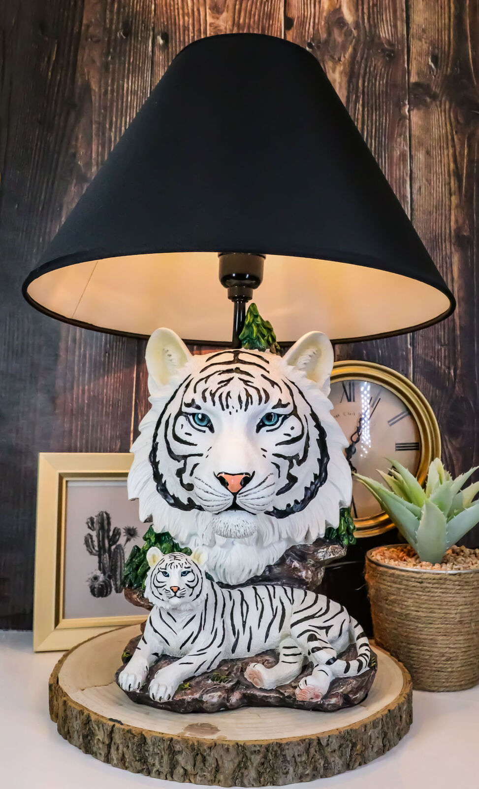 Ebros White Rare Alaskan Tiger Desktop Table Lamp Statue With Black Fabric Shade