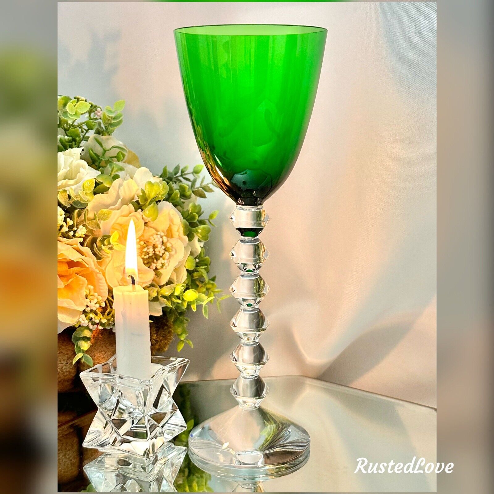 Baccarat Vega Emerald Green Rhine Wine Glass Vintage Singed Vega Baccarat Wine