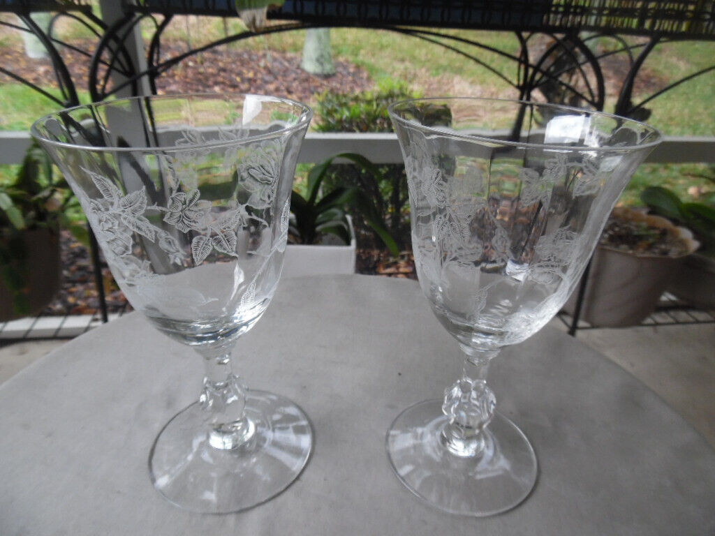 SET 2 HEISEY Glass CLEAR WAVERLY Etched ROSE Stemmed WATER WINE GLASSES 6 1/2\