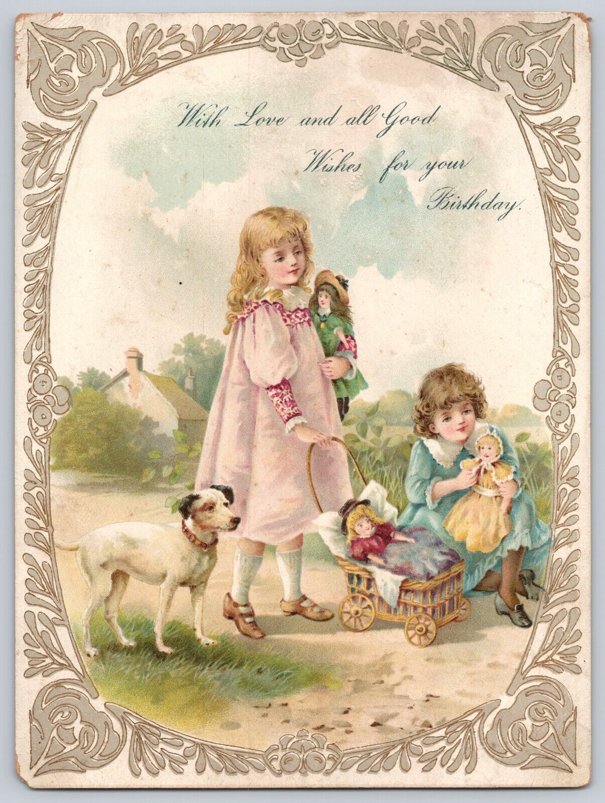 Antique Victorian Birthday Card Girls With Dolls Jack Russell Terrier 1880-1890