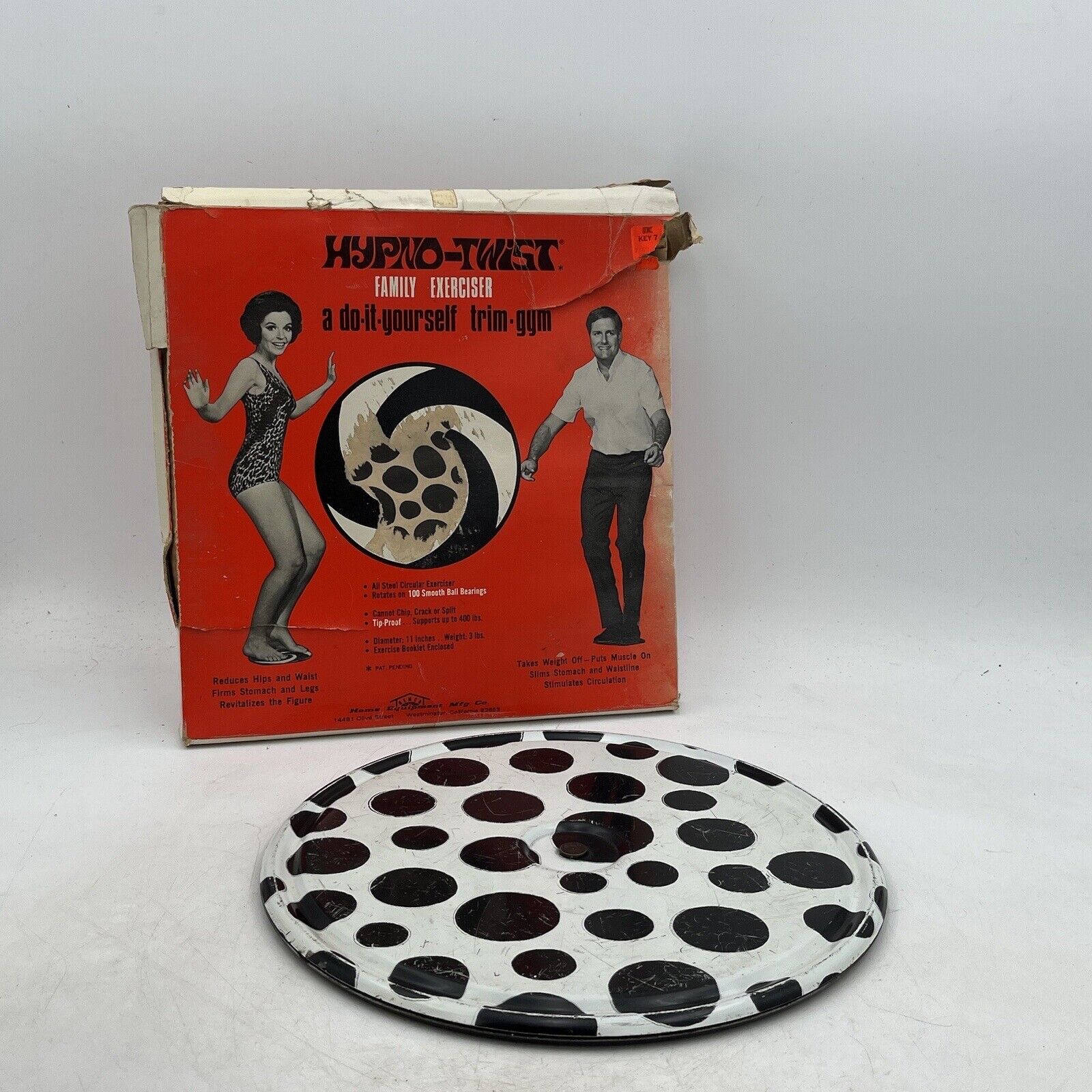 Vtg 60s/70s Hypno-Twist Family Exerciser White Black Polka Dots Metal w/ box