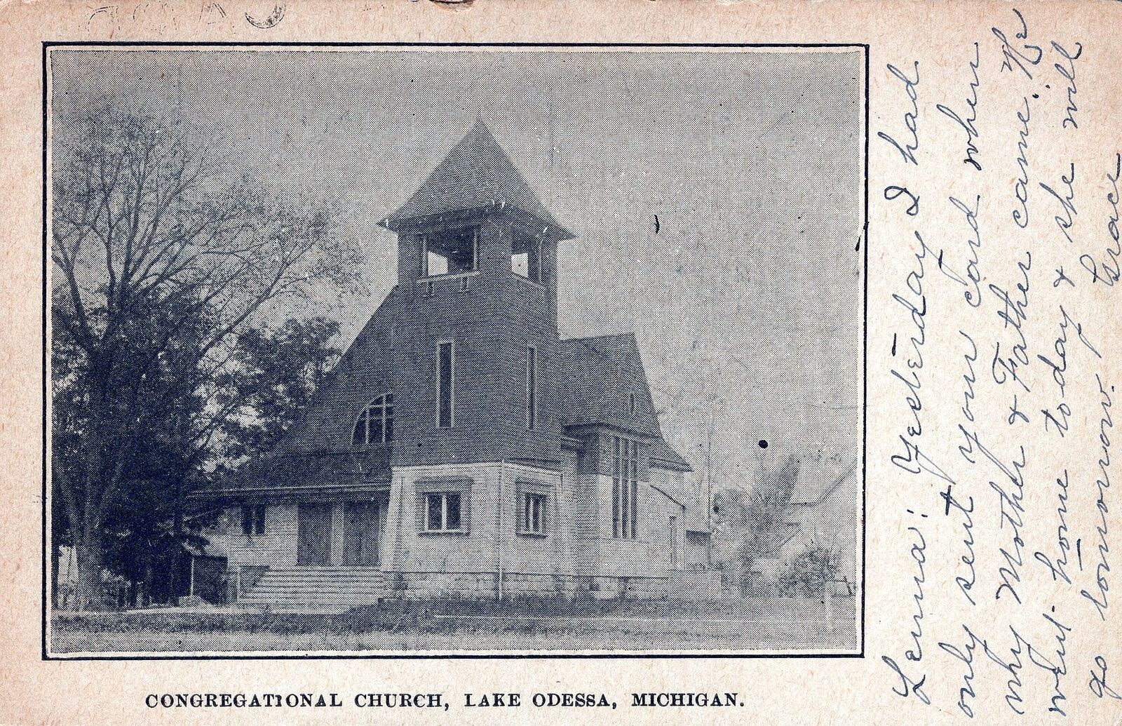 LAKE ODESSA MI - Congregational Church Postcard - udb - 1907