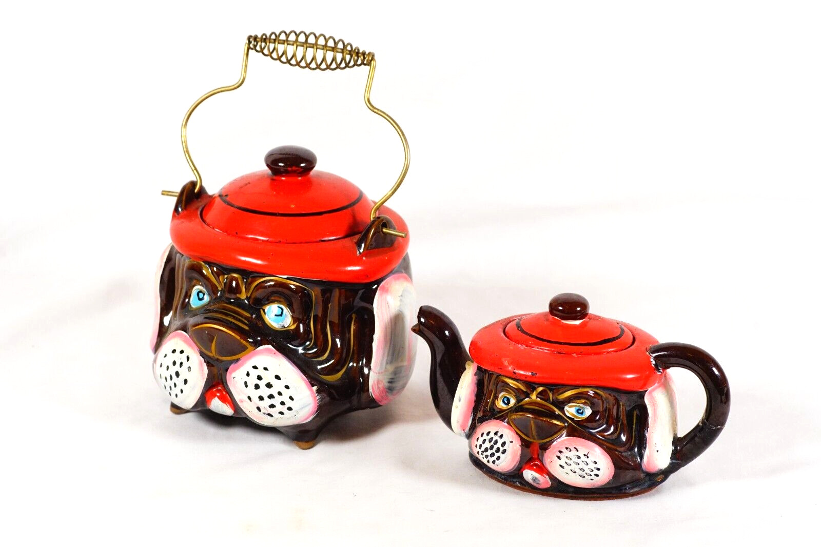 Mid-Century Relco Bulldog Bean Pot & Teapot Red Porcelain Japan 6.5x6
