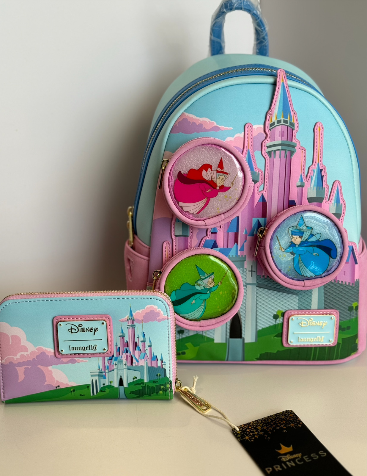 NEW Loungefly Disney SLEEPING BEAUTY Stained Glass CASTLE Mini Backpack + Wallet