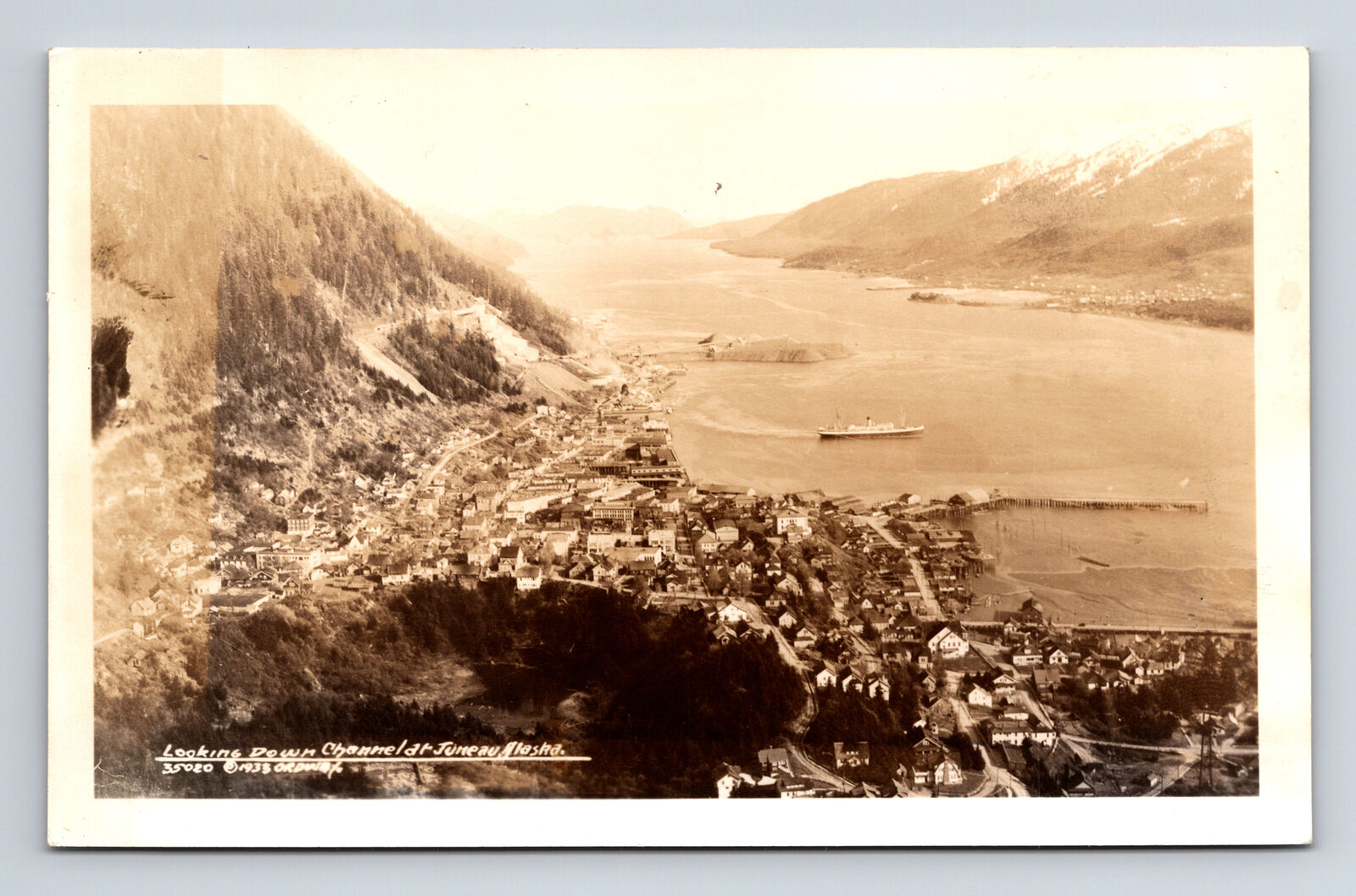 c1935 RPPC Scenic View Looking Down Channel Juneau Alaska AK Real Photo Postcard