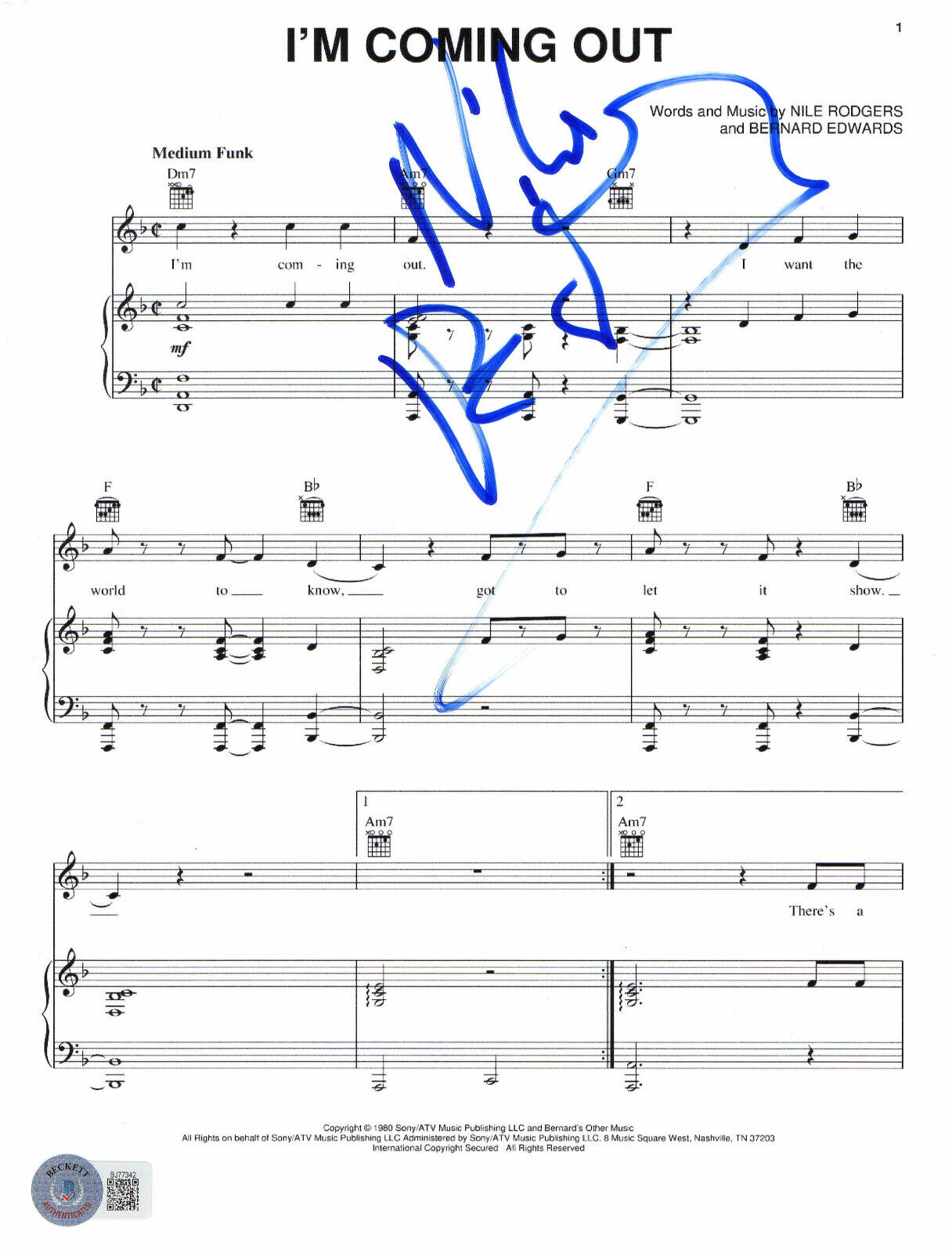 NILE RODGERS SIGNED AUTOGRAPH I'M COMING OUT MUSIC SHEET BECKETT BAS CHIC