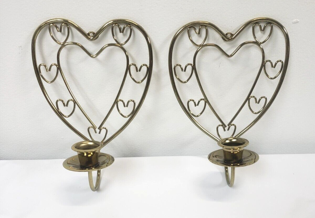 2 Vintage Gold Tone Heart Shaped Candle Holder Wall Decor Set Hollywood Regency