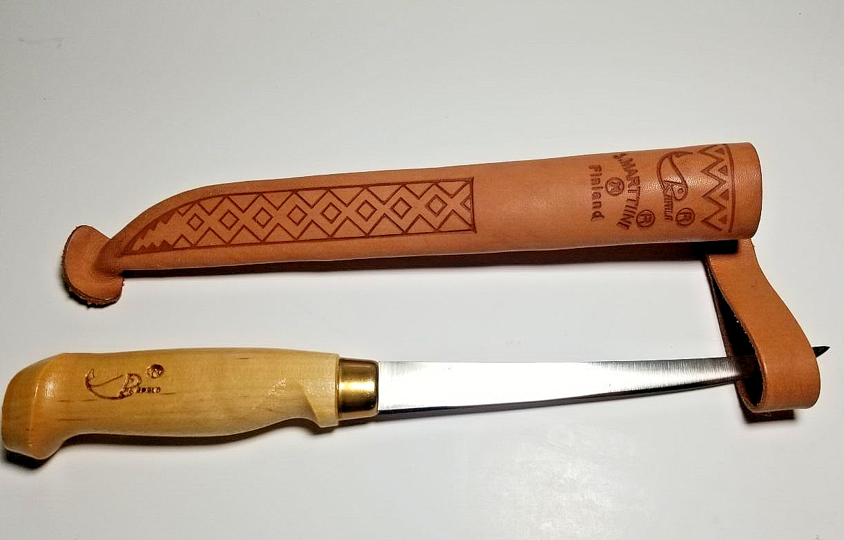 J. Marttini Finland Signed Fish Filet Knife Wood Handle Leather Sheath