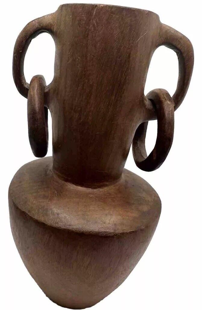 Hand Carved Solid Wood Vase Vintage African Folk Art Morocco Wooden Mass 10 in