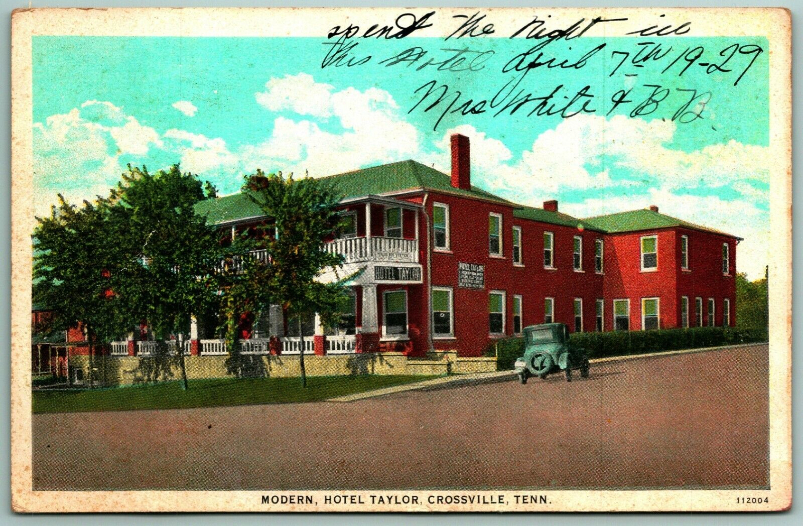 Modern Hotel Taylor Crossville Tennessee TN 1929 WB Postcard D14