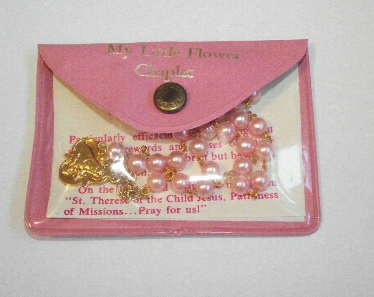 Vtg new pink plastic gold tone My Little Flower Saint St Therese rosary chaplet