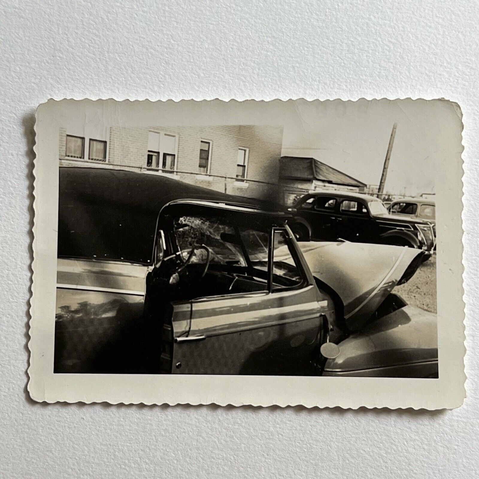 Vintage B&W Snapshot Photograph Mercury Convertible Car Hit By Ford Note Wreck