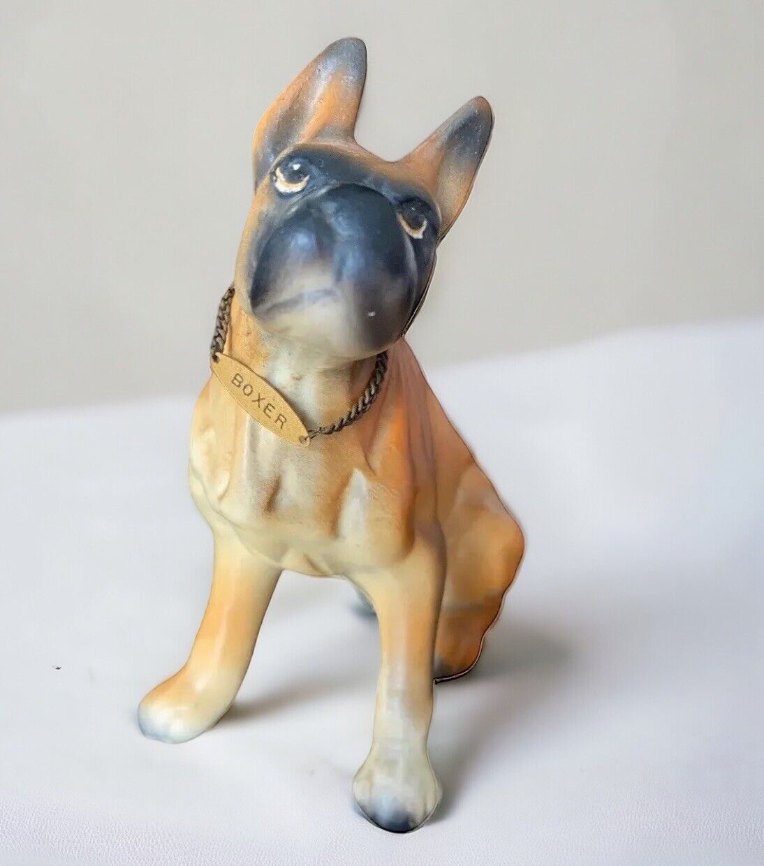Vtg Boxer Dog Figurine Bone China Sitting 1950s Fawn Chain Collar Pit Bull