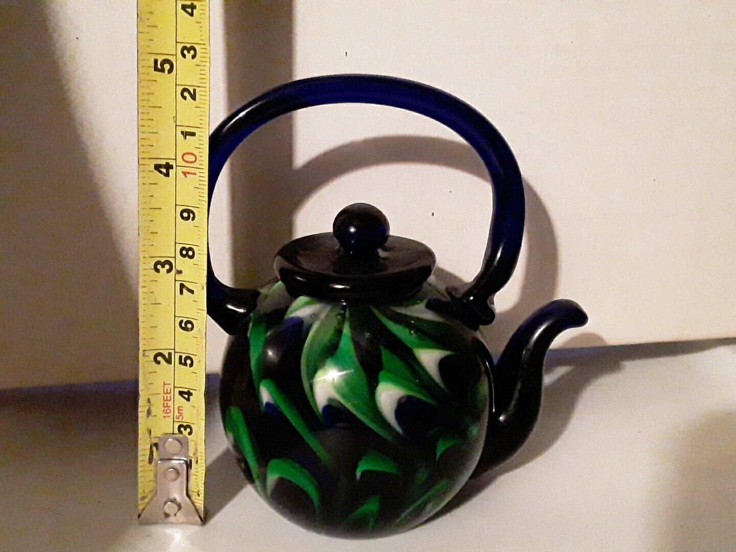 Hand Blown Art Glass Teapot Shaped Cobalt Blue & Green Ribbon 4.5\