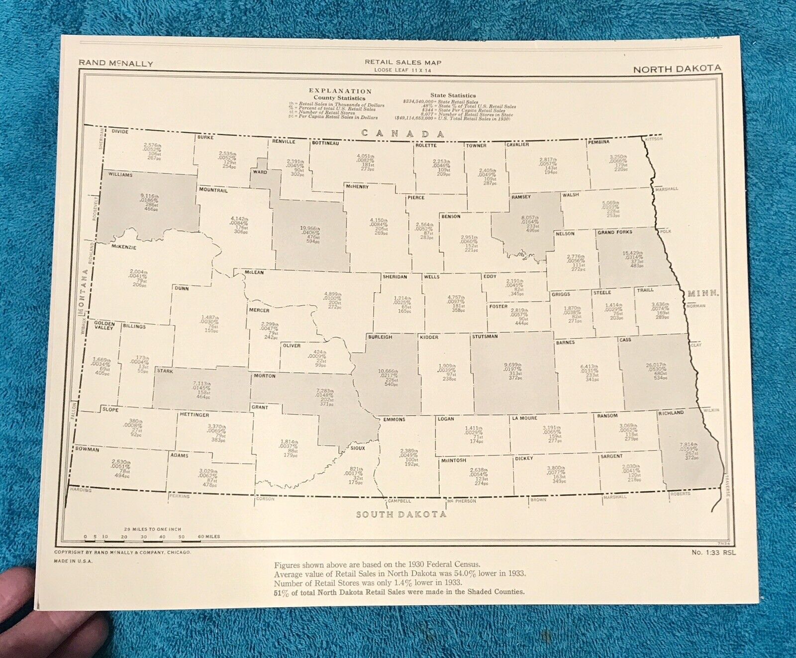 1933 SOUTH DAKOTA Retails Sales In Each County Map, Commercial Business Atlas
